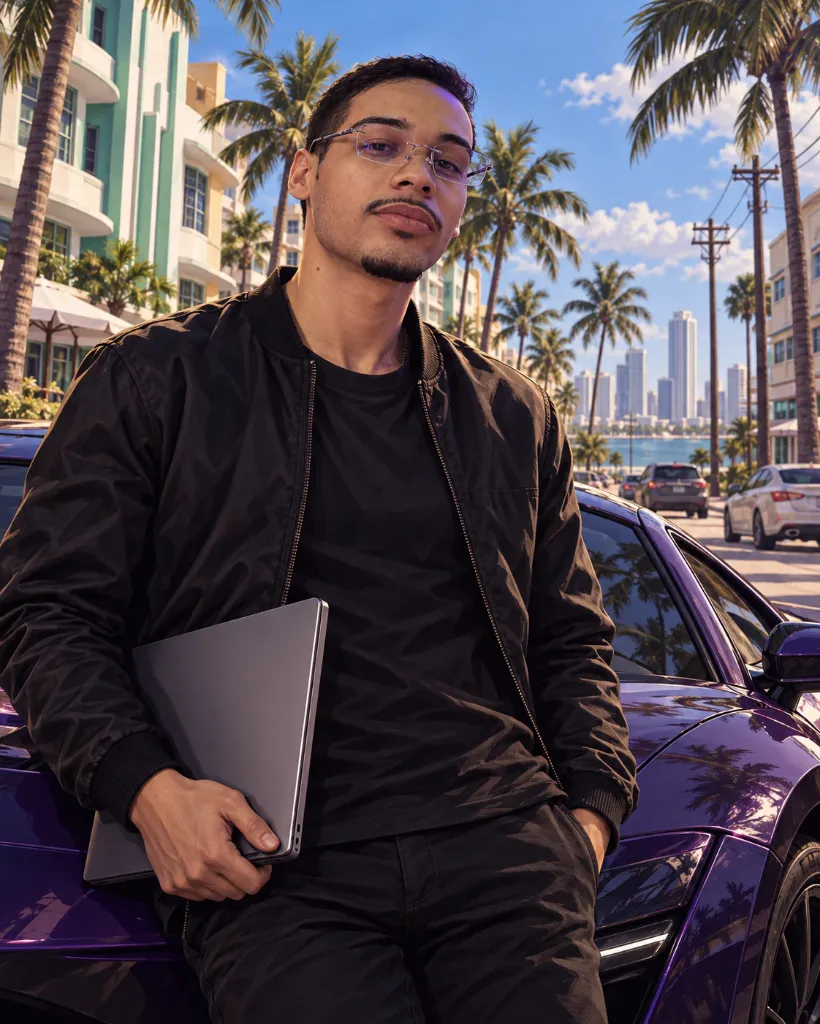 Gabriel Mendes com um notebook em uma avenida tropical