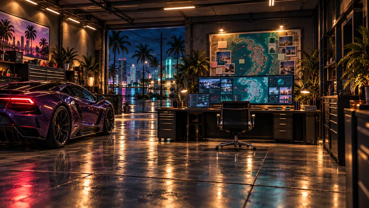 Interior da base criativa com computador, mapa e carro esportivo