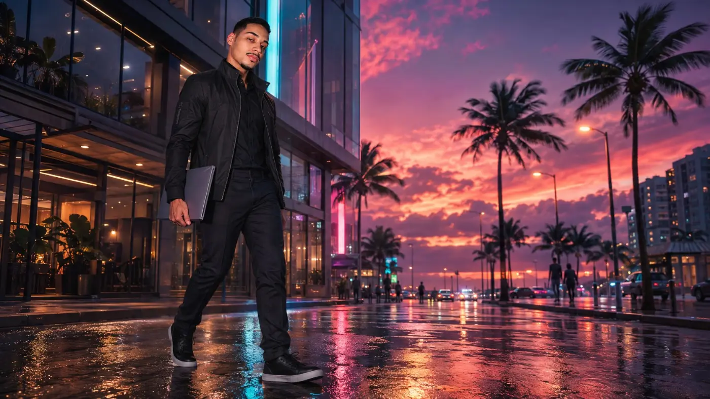 Gabriel Mendes caminhando por uma rua tropical com um notebook